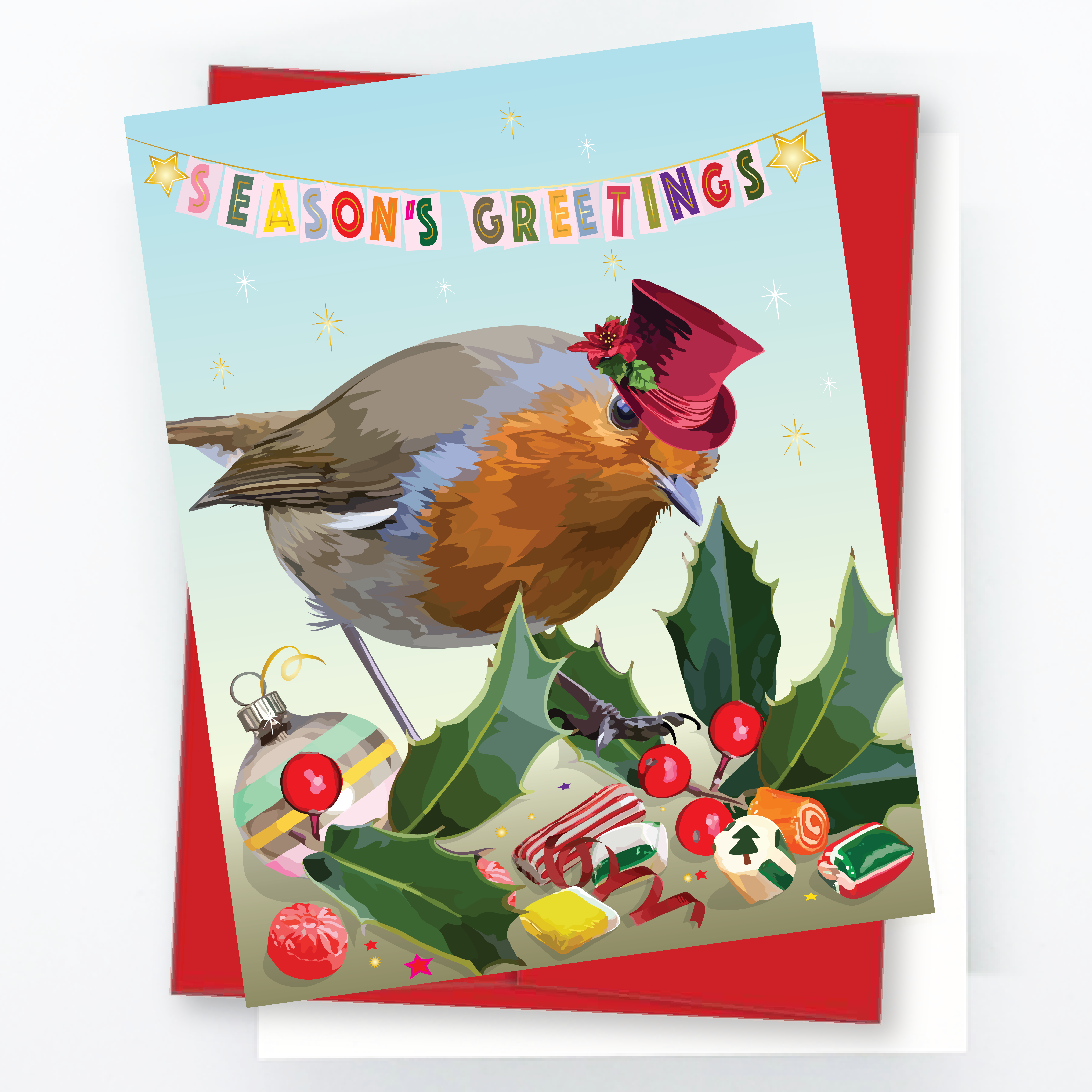 Alternative view of Festive Robin with Christmas Candy and Holly - so jolly!