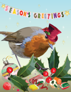 Festive Robin with Christmas Candy and Holly - so jolly!