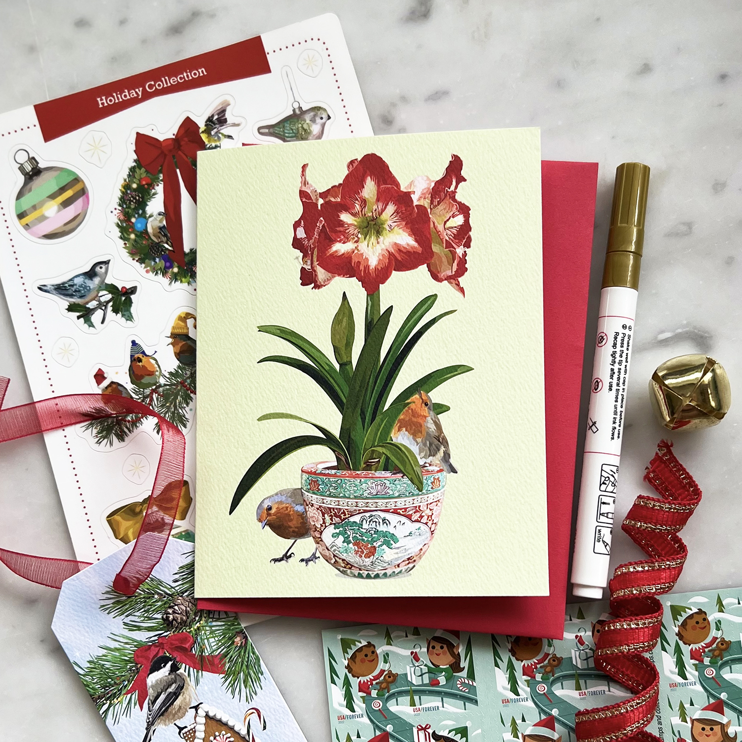 Christmas Star Red Amaryllis with Robins - Image 3